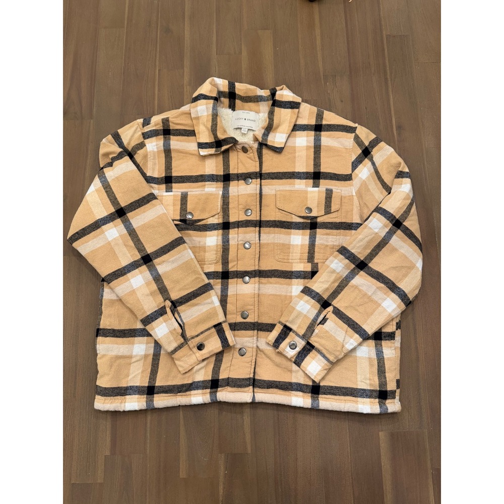 Lucky Brand Plaid Sherpa Lined Shacket Jacket Womens‎ Size Large Tan Black White